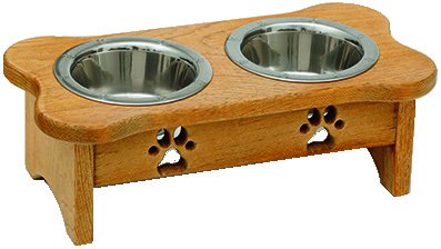 The bone shaped wooden pet dish stand with two stainless steel bowls.